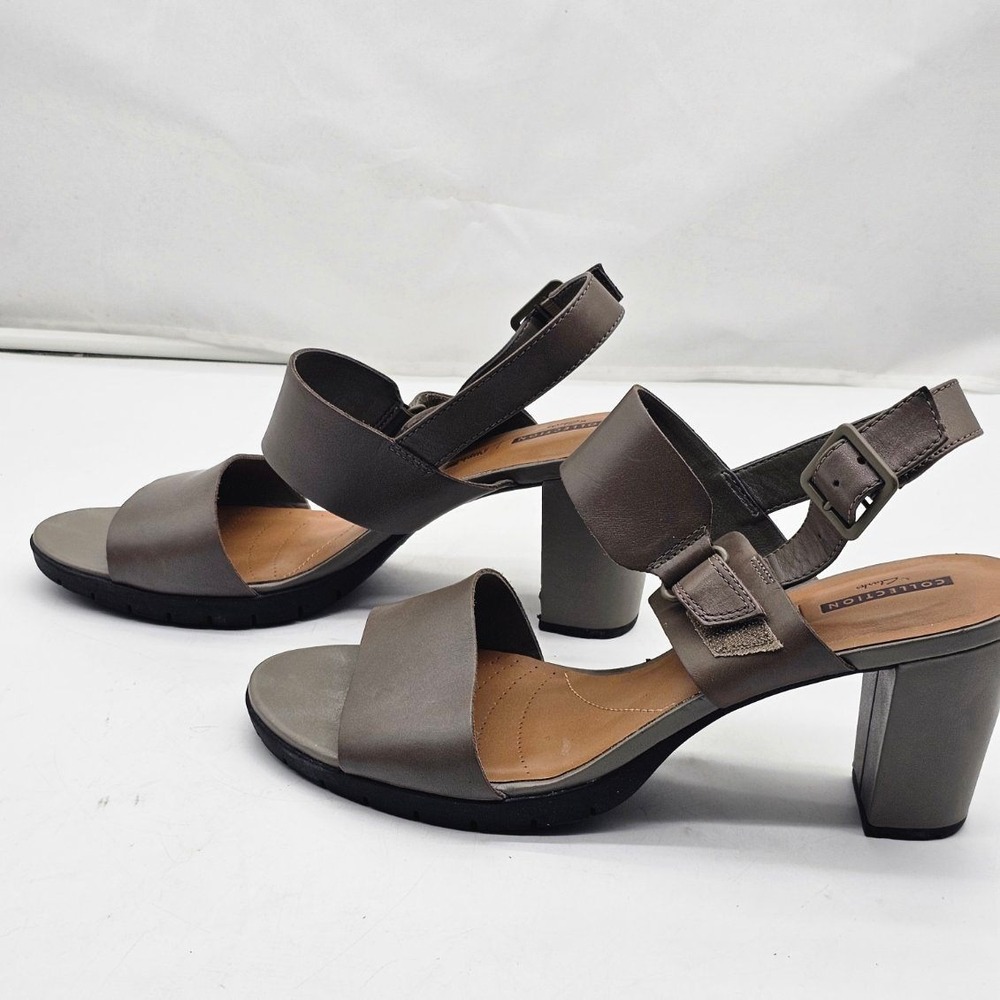 Clarks Collection Heeled Sandals Women's 11 Taupe Grey Leather Block Heel